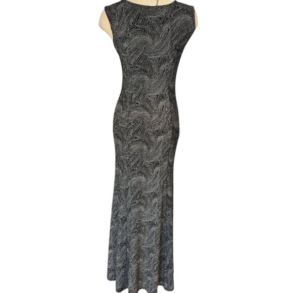 OLIVIA MATTHEWS Long Gown Size Medium Glittery Fabric Bodycon Plunge Flare Hem - Picture 12 of 13